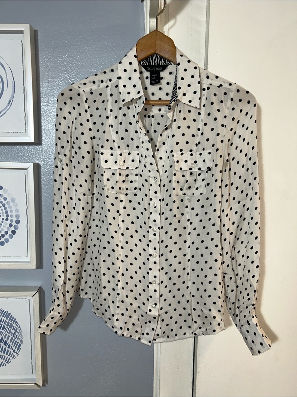 White House Black Market Silk White Black Polka Dot Button-Down Blouse Size 4